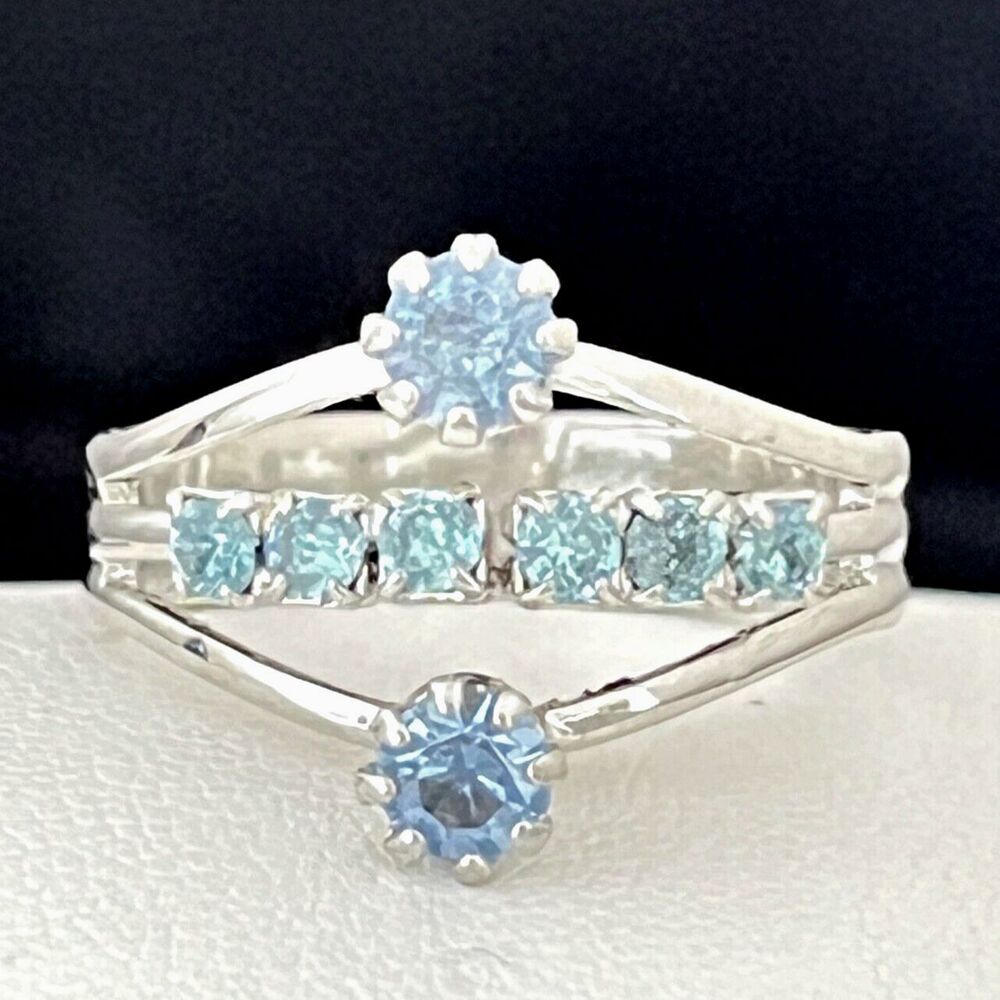 Vintage 1960s Cocktail Ring Mid Century Modern Blue Rhinestone Silver Tone - 4I